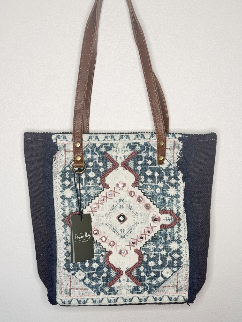 Myra Bag Boho Kilim Print Tote Bag Leather Handle Fringe